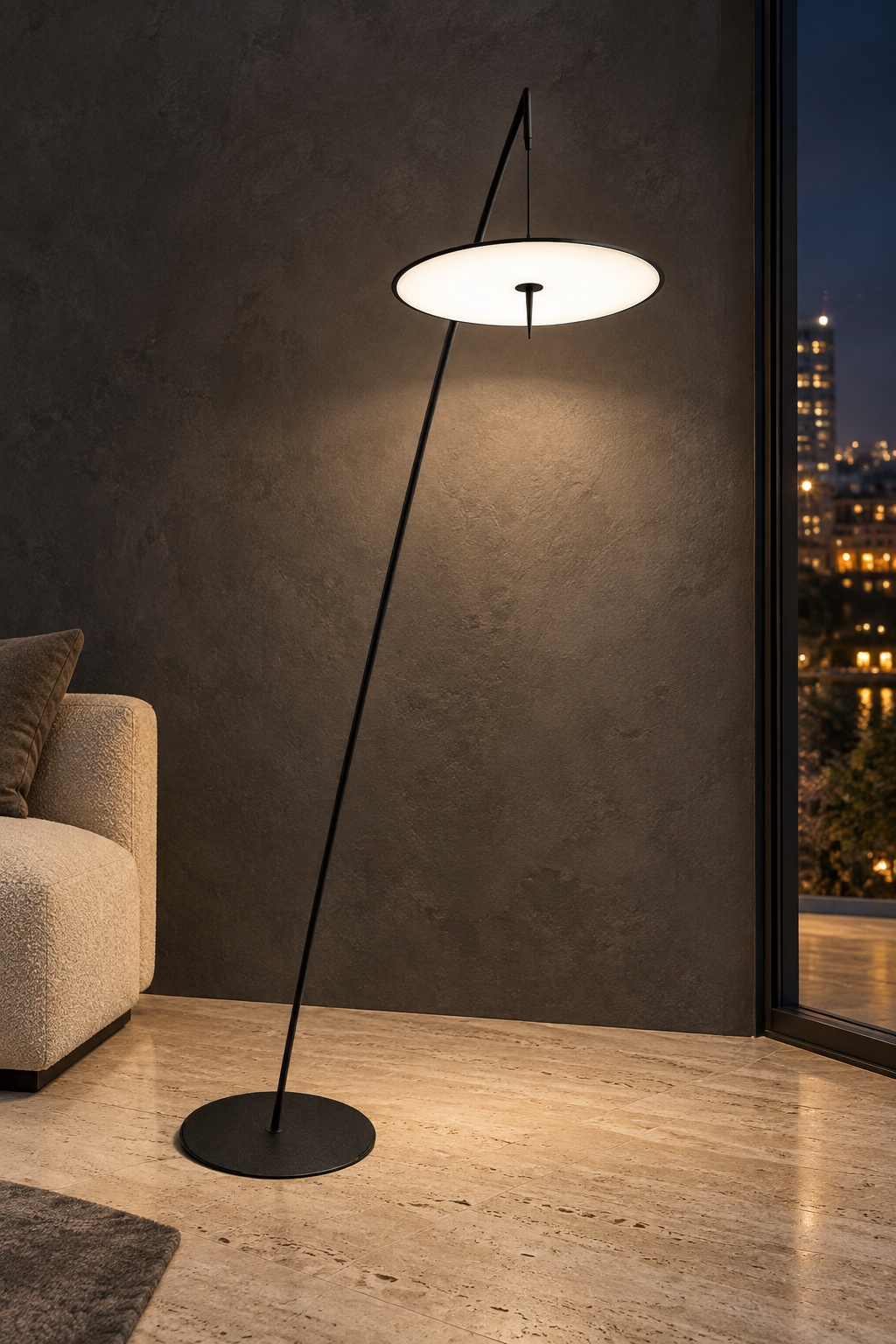 Lampadaire noir à disque lumineux suspendu - vue 2