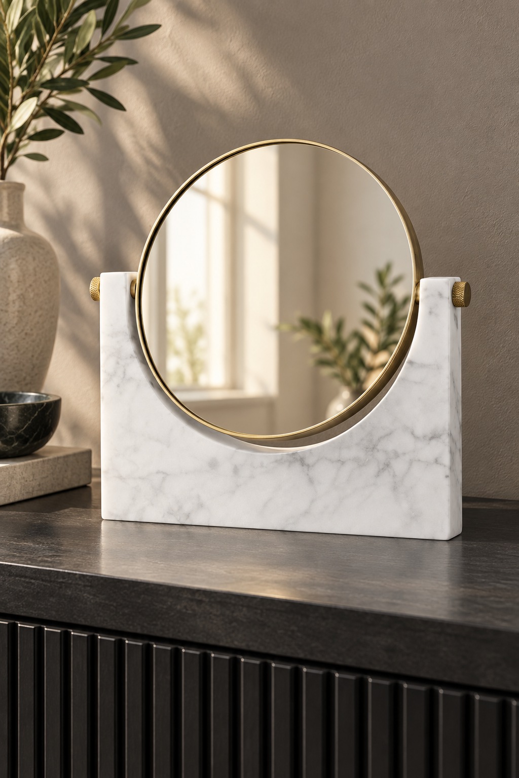 Miroir de table rond doré sur support effet marbre blanc - vue 4