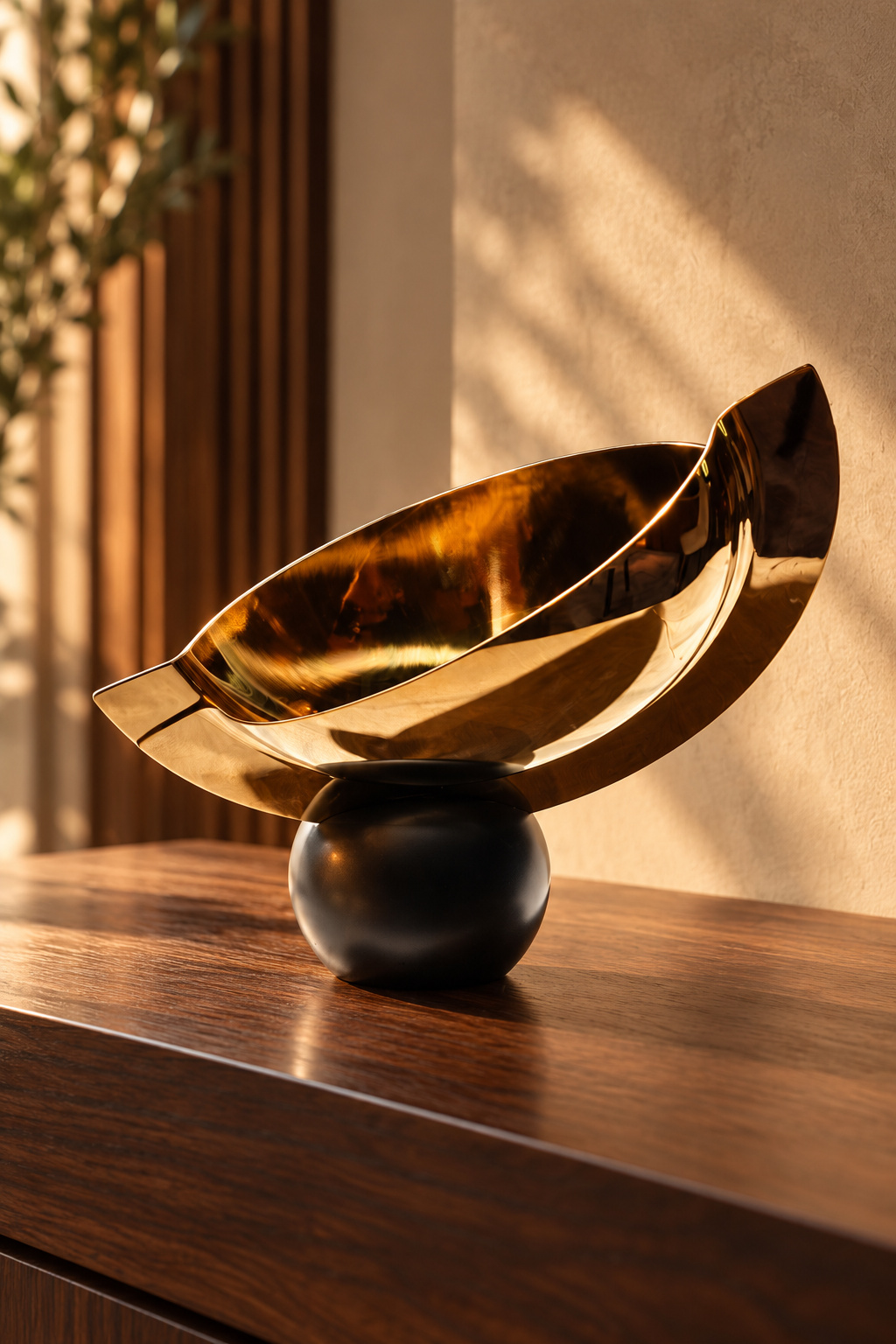 Coupe décorative asymétrique dorée sur socle noir - vue 2