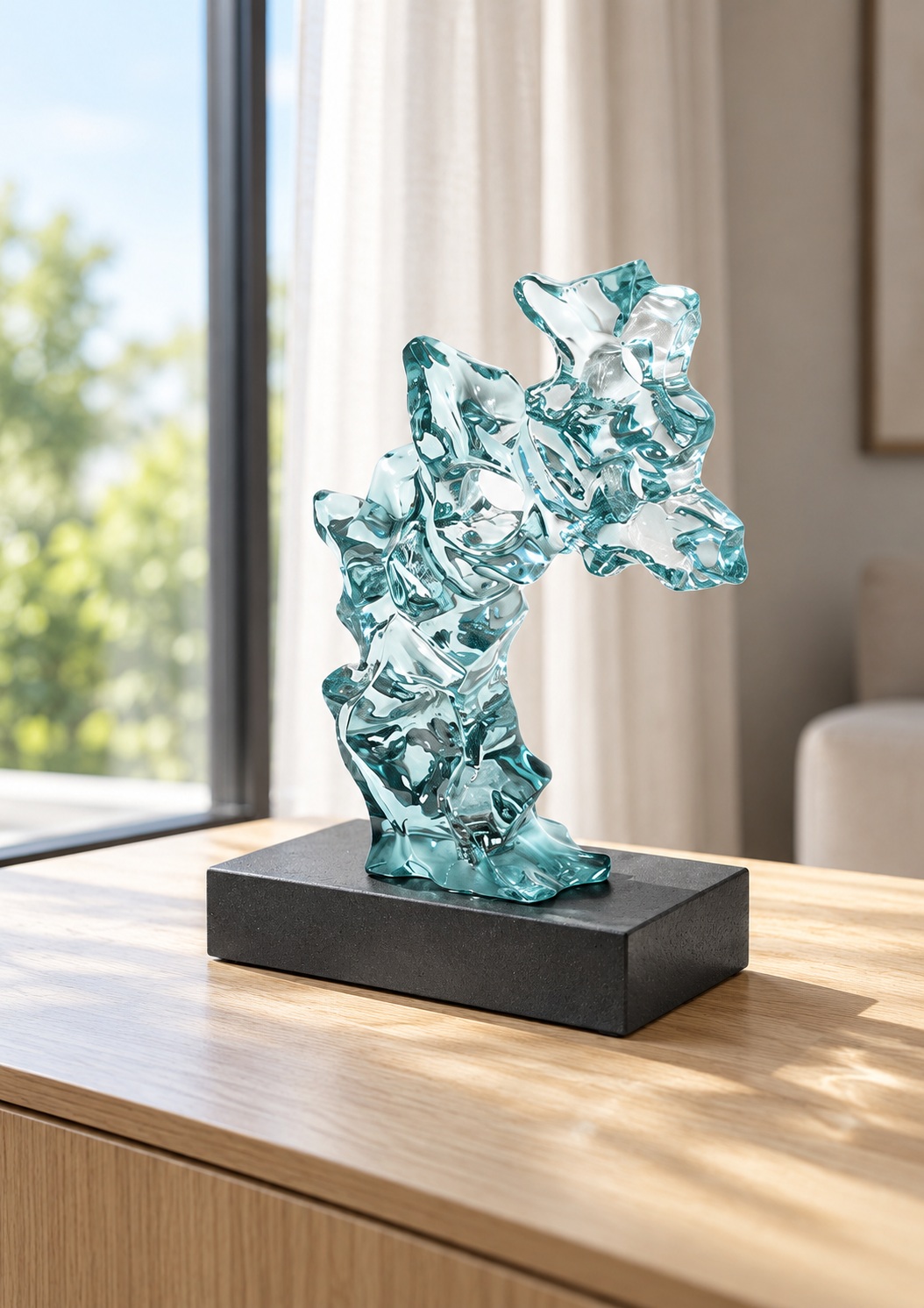Sculpture abstraite aqua sur socle noir - vue 2