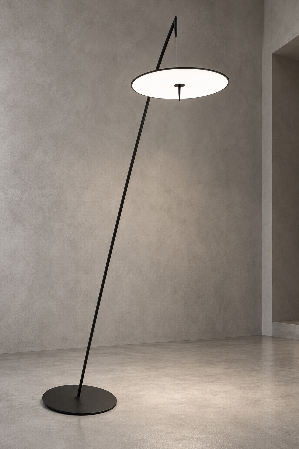 Lampadaire noir à disque lumineux suspendu - vue 3