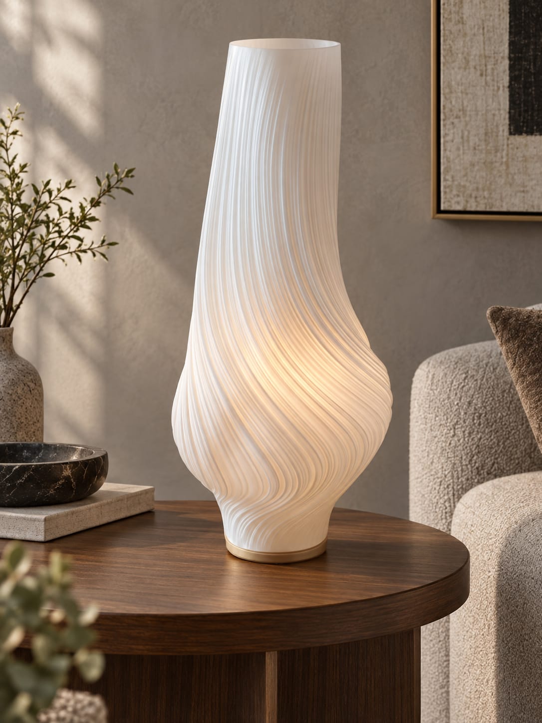 Lampe sculpturale blanche à reliefs spiralés - vue 5
