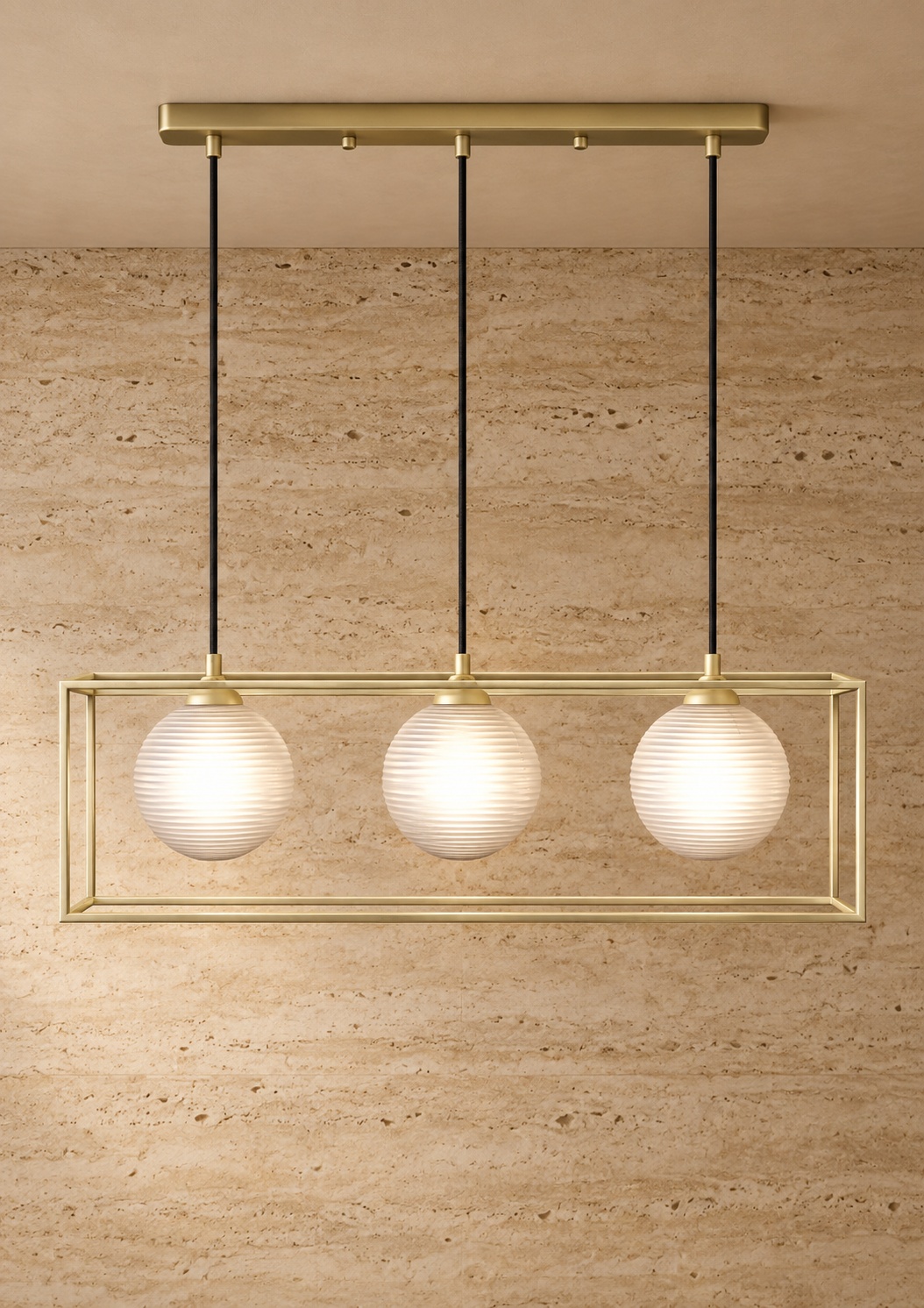 Suspension rectangulaire dorée à trois globes striés - vue 3