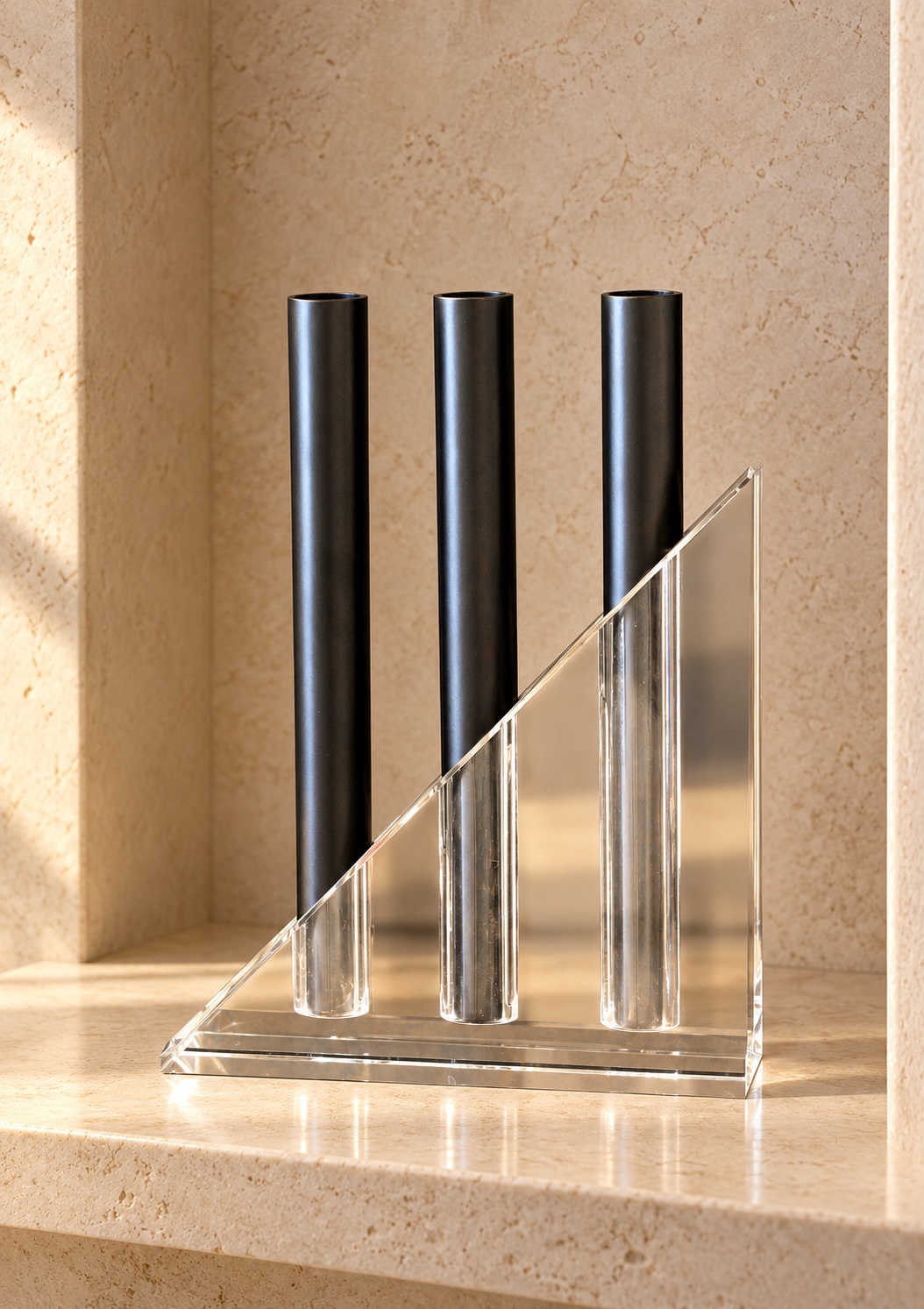 Objet décoratif à trois tubes noirs sur socle transparent - vue 5