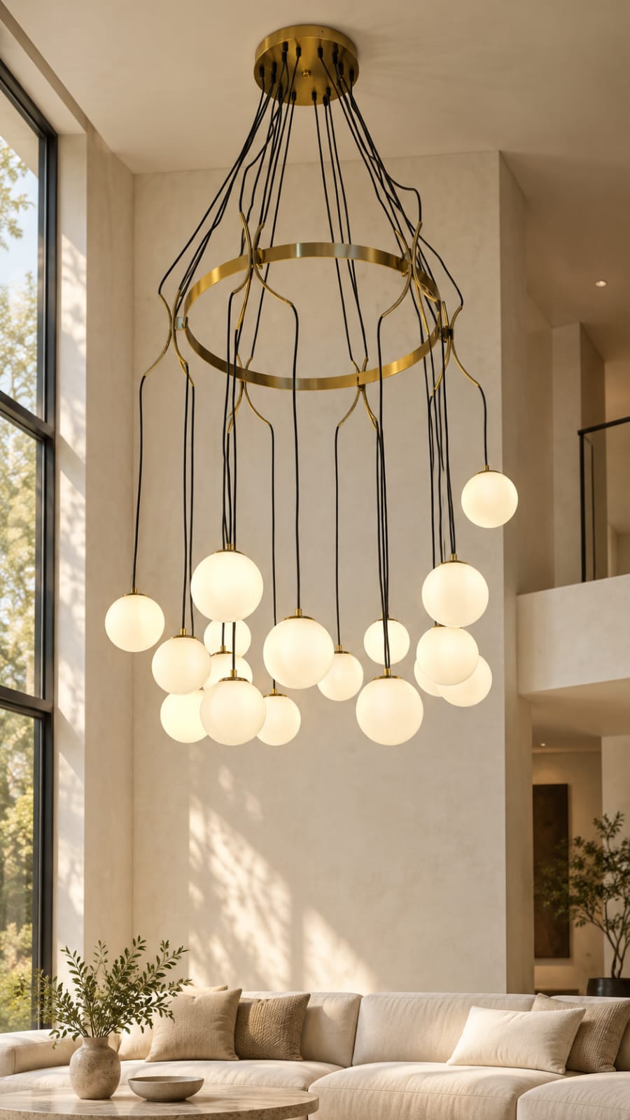 Lustre cascade à globes opalins, finition dorée - vue 3