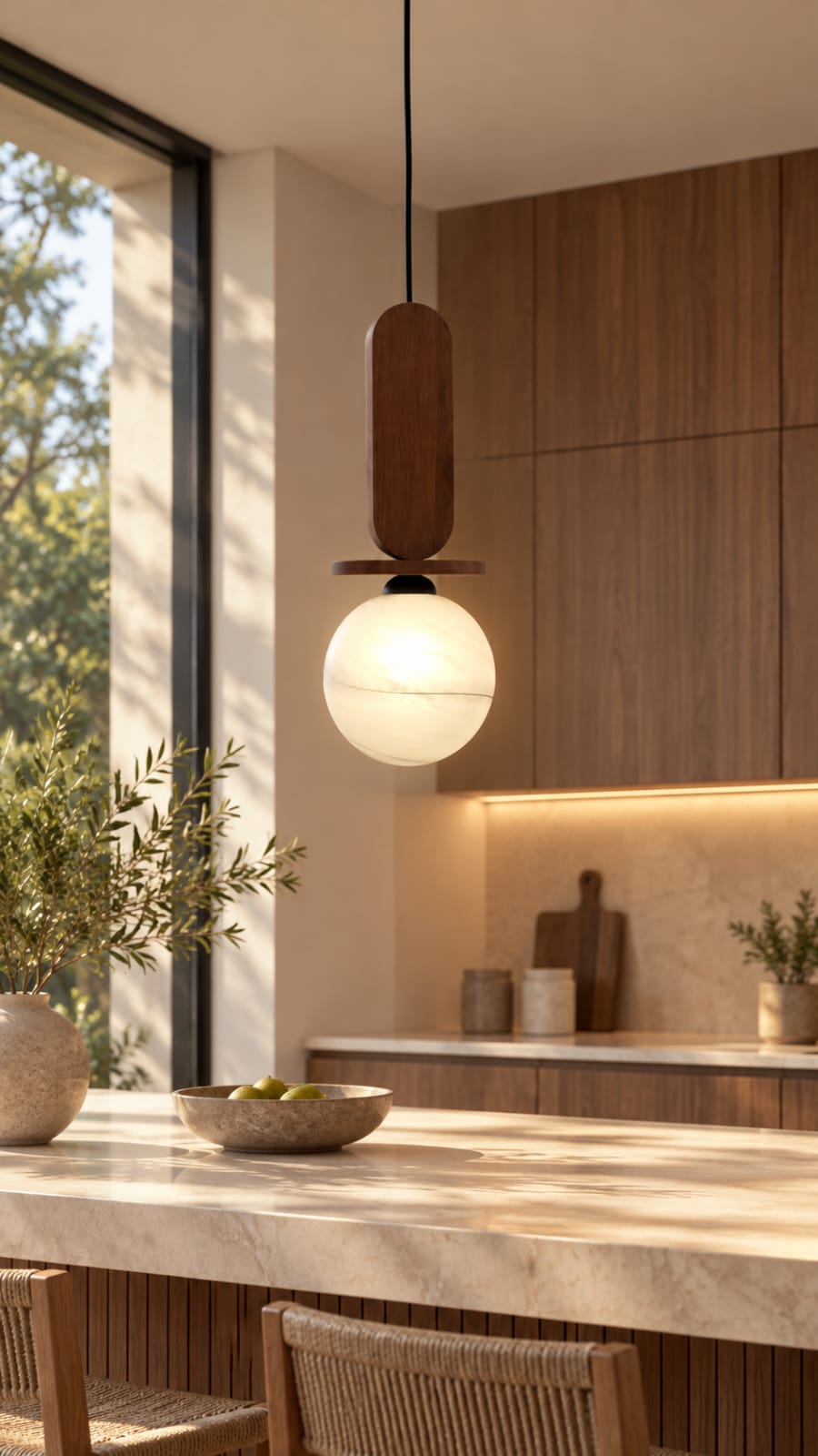 Suspension à globe opalin et élément en bois foncé - vue 2