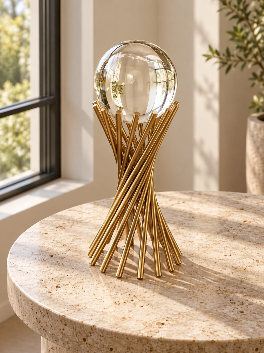 Sculpture à sphère transparente et tiges dorées - vue 4