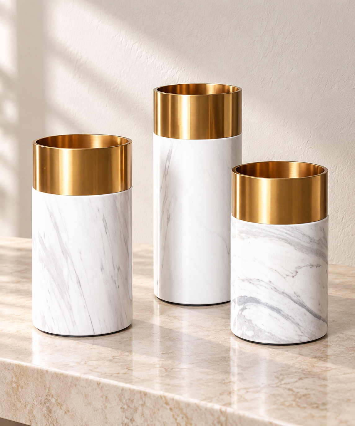 Vases cylindriques effet marbre blanc et doré - vue 5