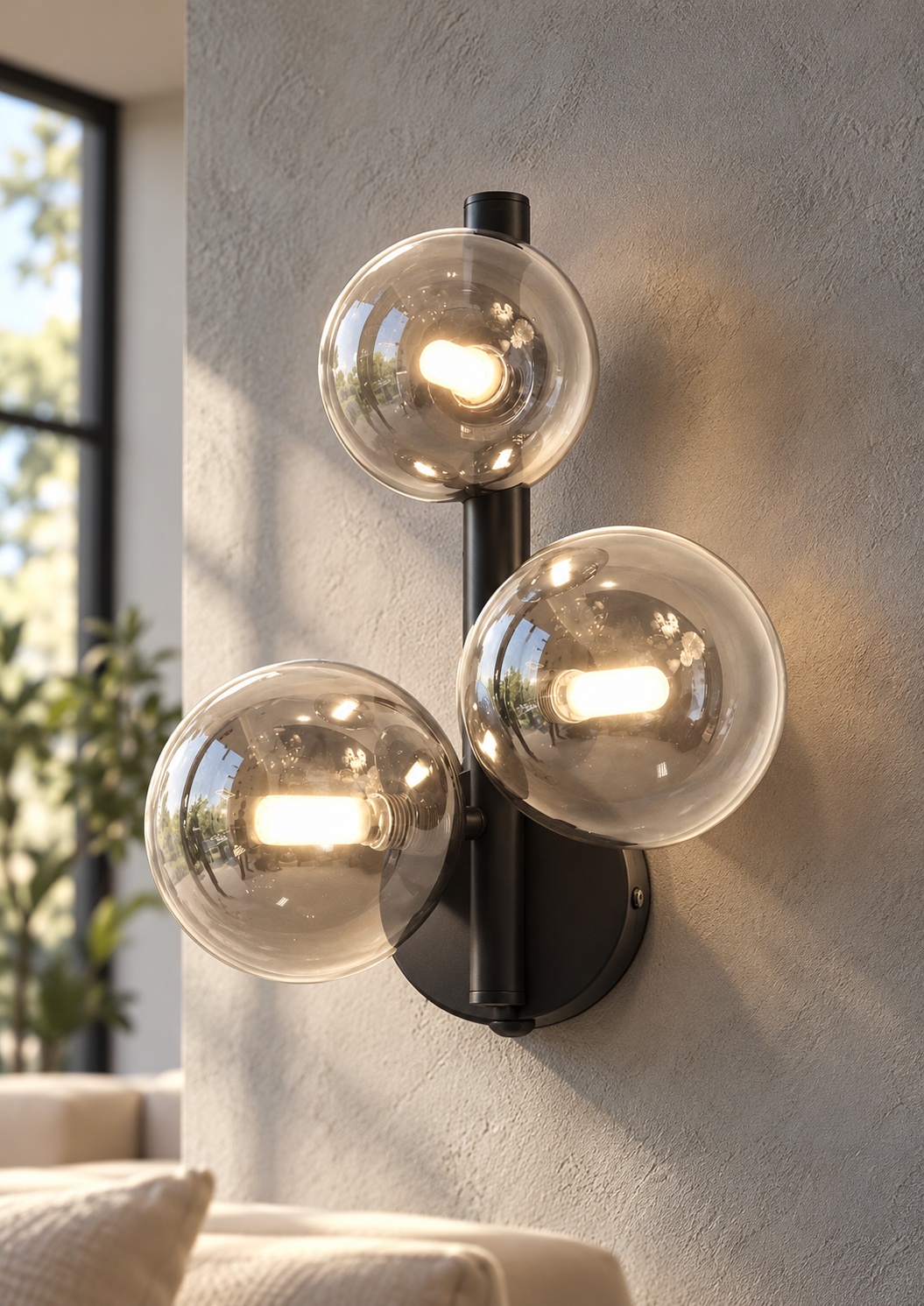 Applique murale noire à trois globes en verre fumé - vue 5