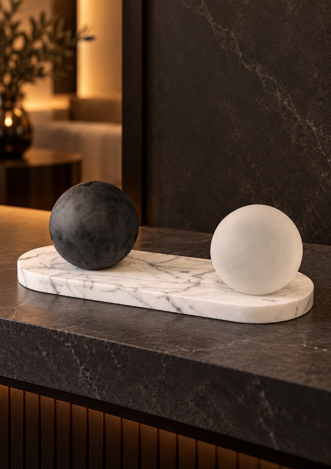 Duo de sphères décoratives sur socle effet marbre - vue 3