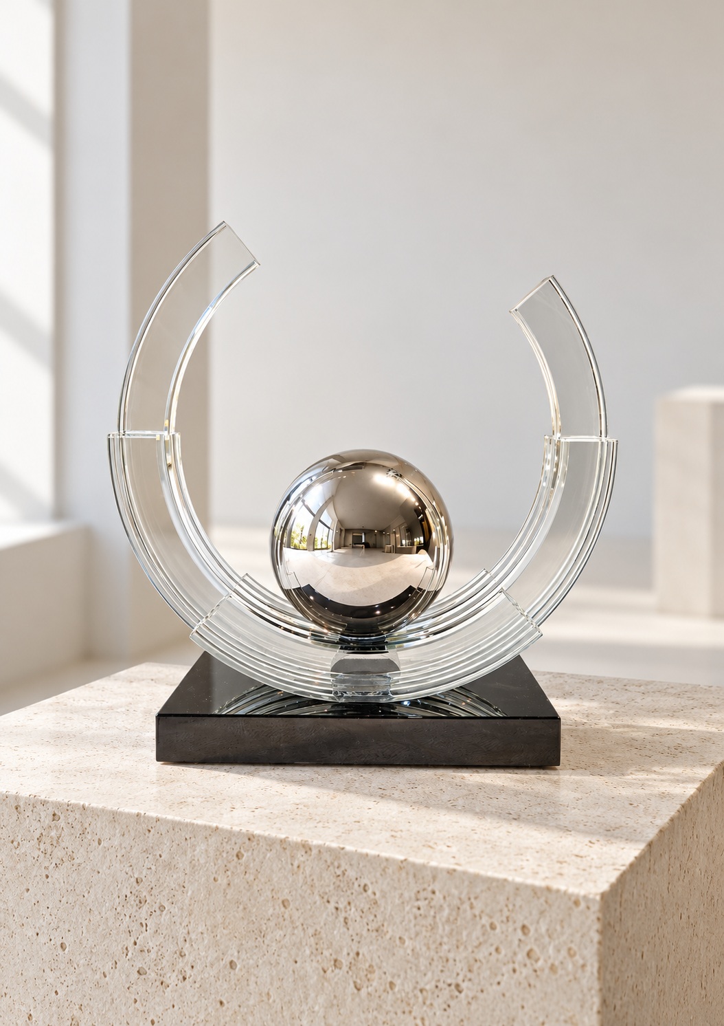 Sculpture décorative à sphère argentée et arcs transparents - vue 5