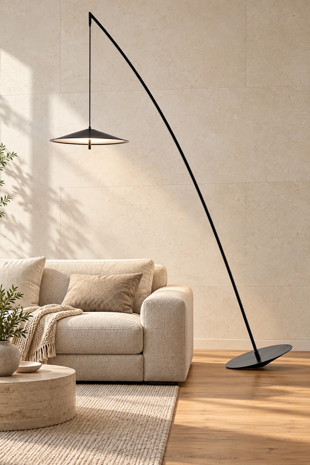 Lampadaire arqué noir à abat-jour suspendu - vue 3