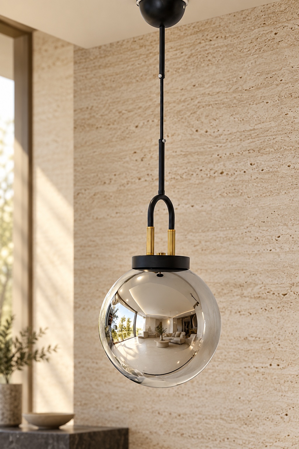 Suspension globe argenté effet miroir, noir et doré - vue 4