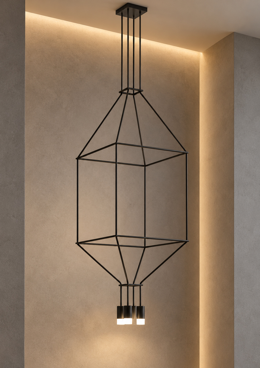 Suspension noire à cage géométrique et quatre lumières - vue 3