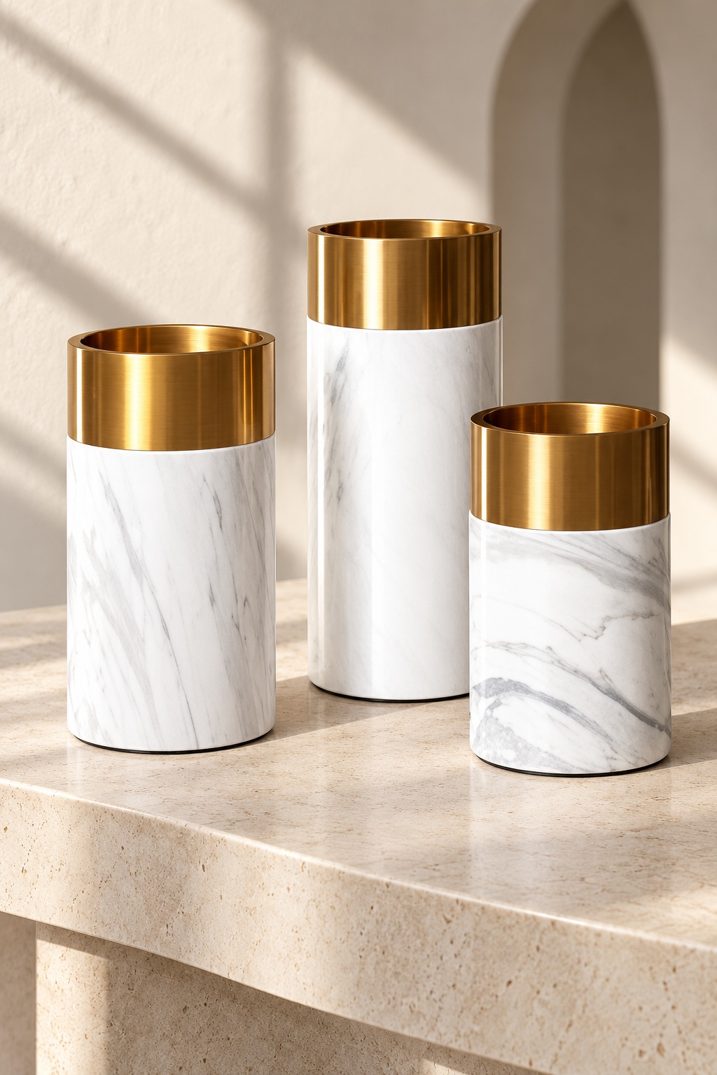 Vases cylindriques effet marbre blanc et doré - vue 4