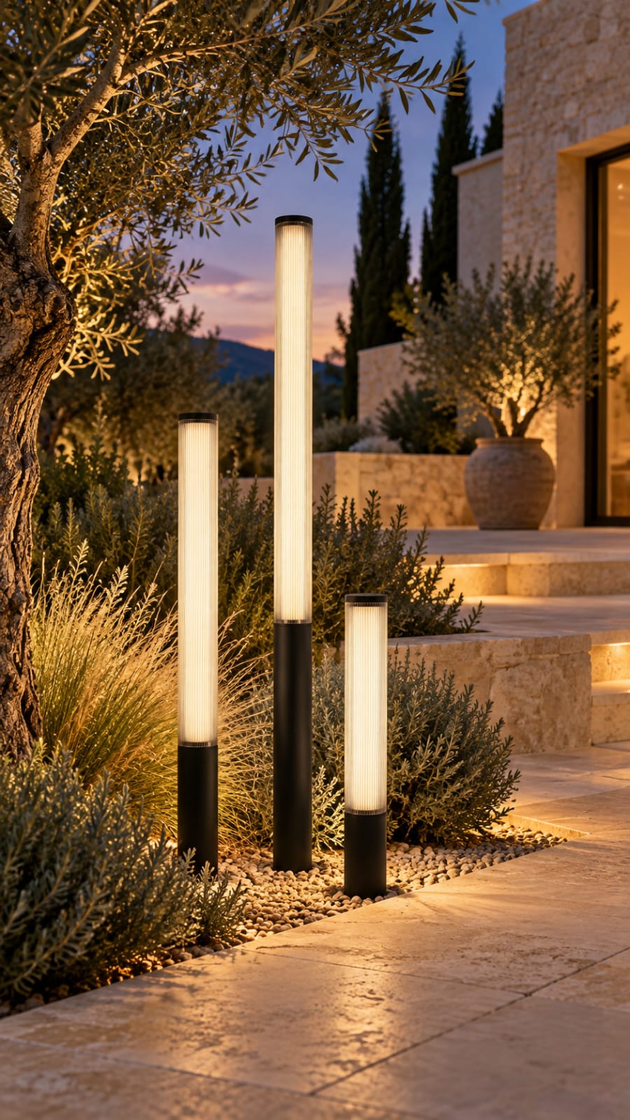 Borne lumineuse cylindrique à diffuseur strié — trois hauteurs - vue 4