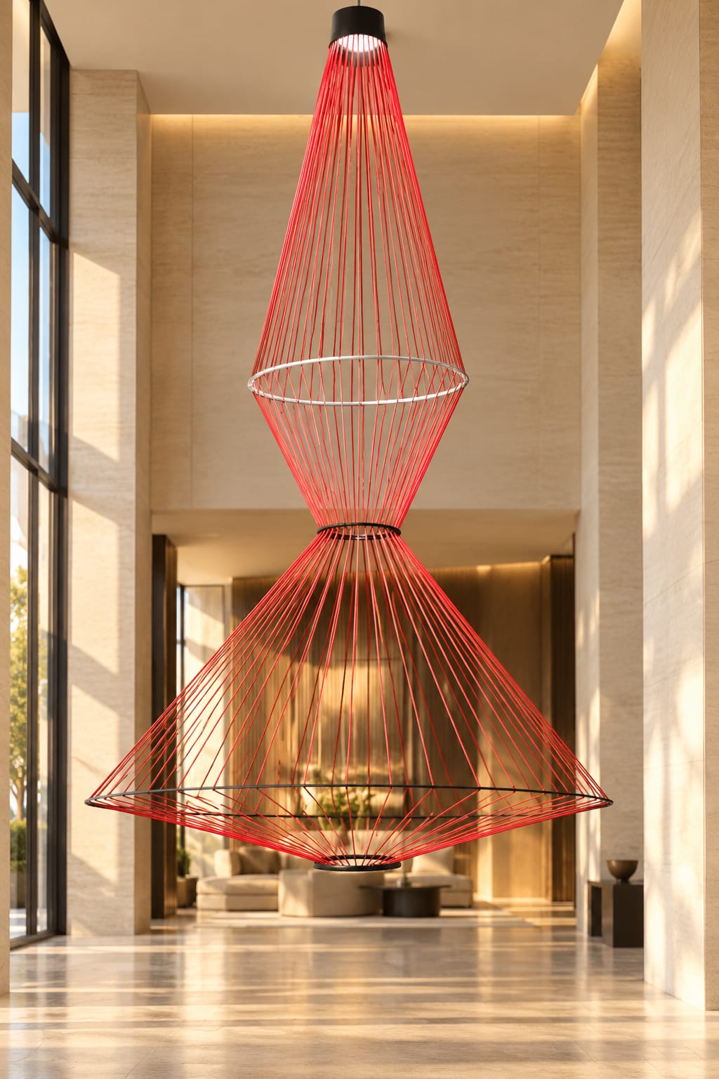 Suspension sculpturale à fils rouges - vue 2