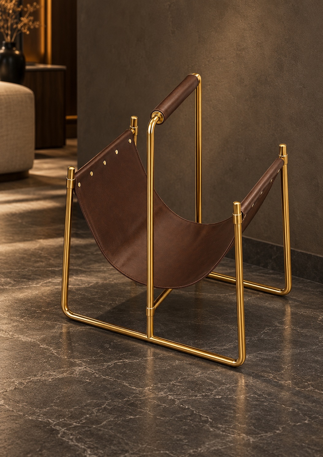 Porte-revues brun à structure dorée - vue 4