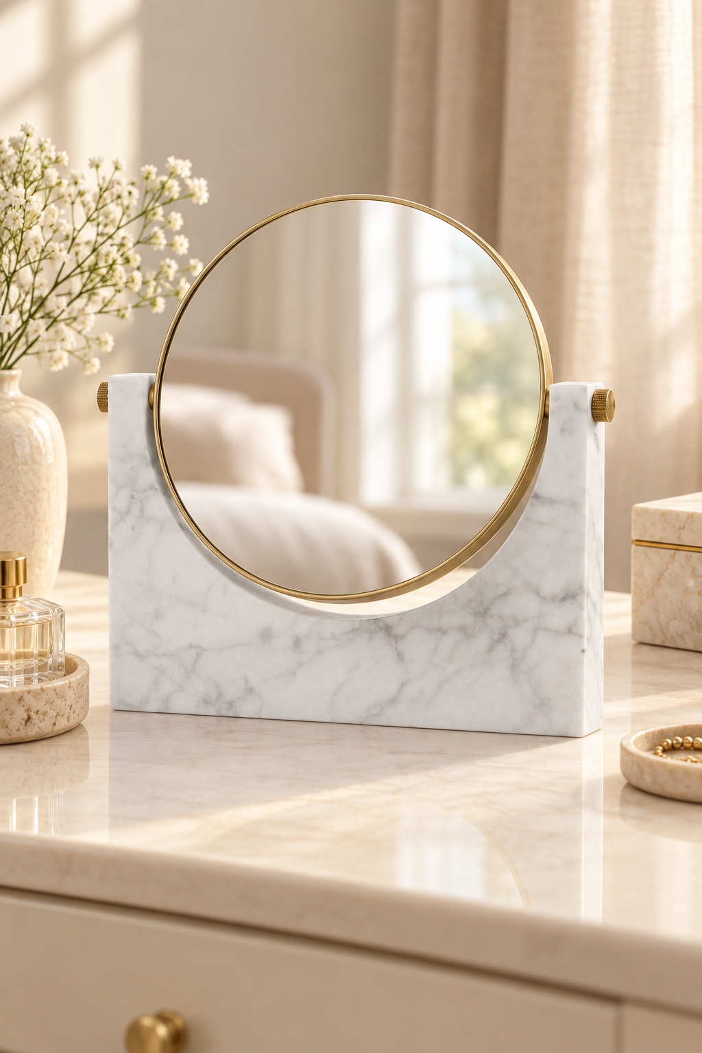 Miroir de table rond doré sur support effet marbre blanc - vue 5