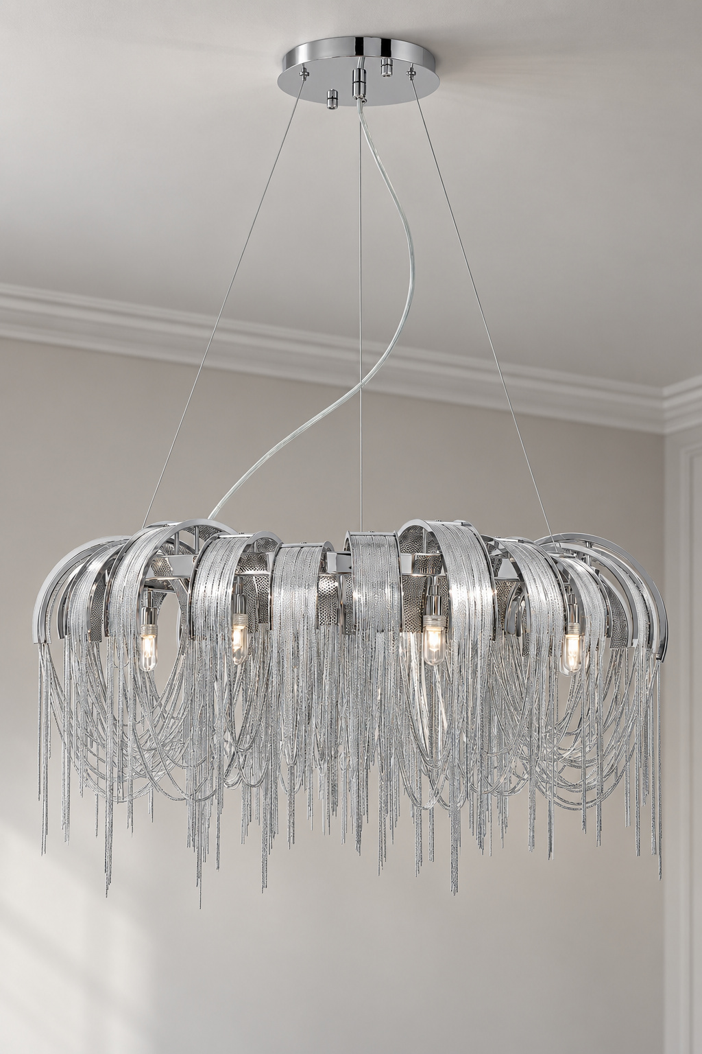 Lustre circulaire chromé à franges métalliques - vue 3