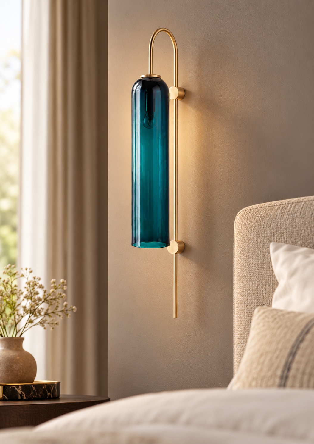 Applique murale dorée à cylindre en verre bleu-vert - vue 4