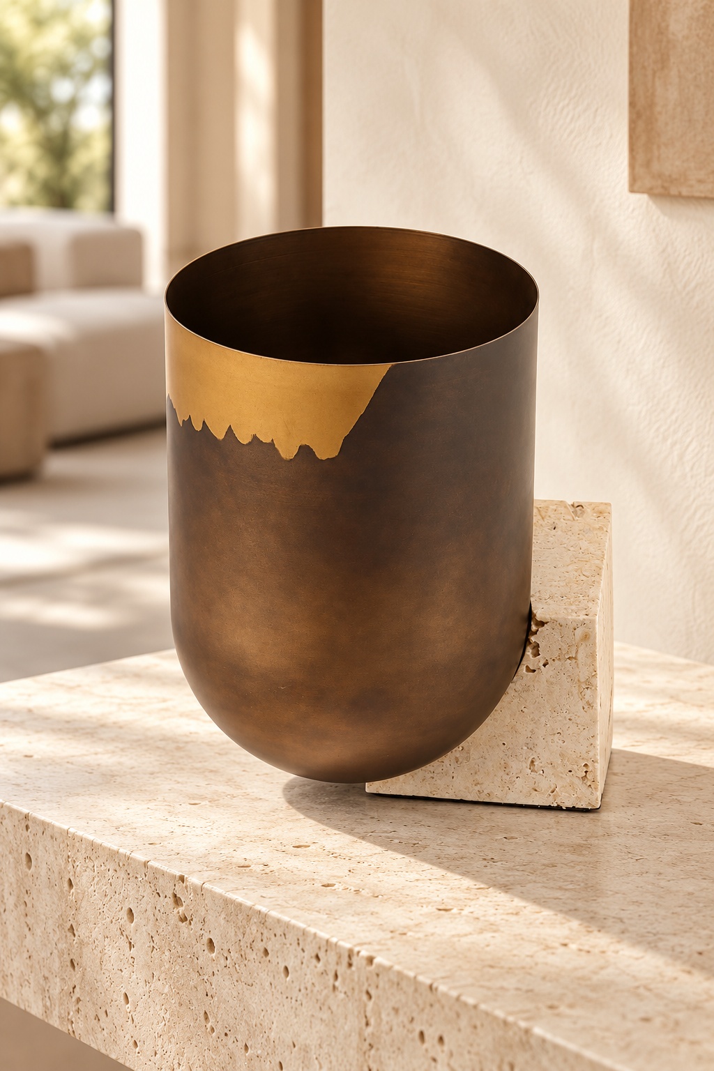 Vase décoratif bronze patiné sur socle en pierre claire - vue 5
