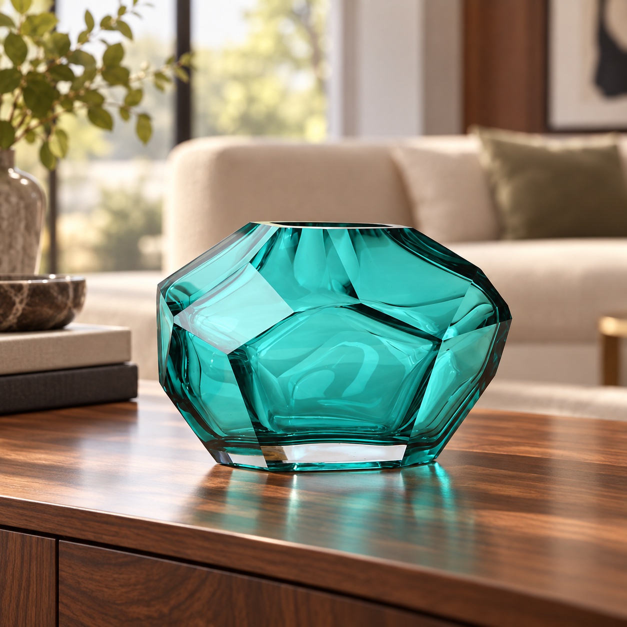 Vase bas facetté turquoise - vue 4