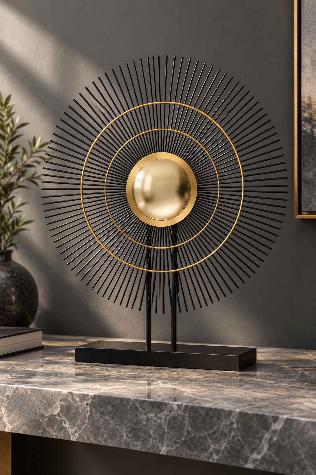 Sculpture décorative Soleil noir et doré sur socle - vue 3