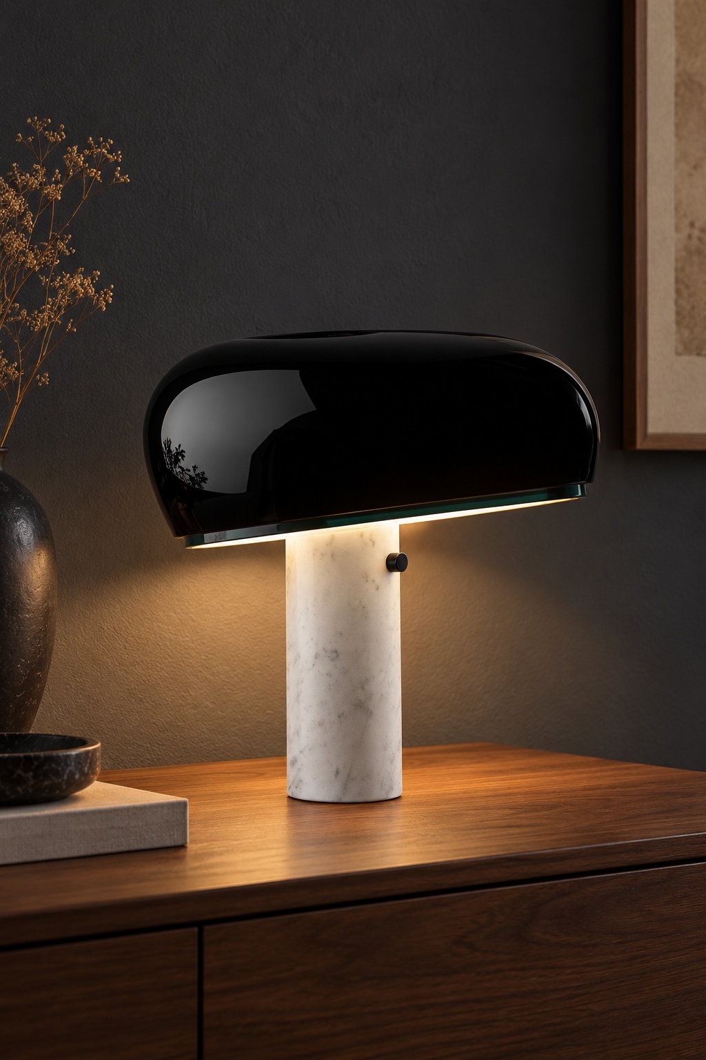 Lampe à poser dôme noir et pied aspect marbre - vue 2