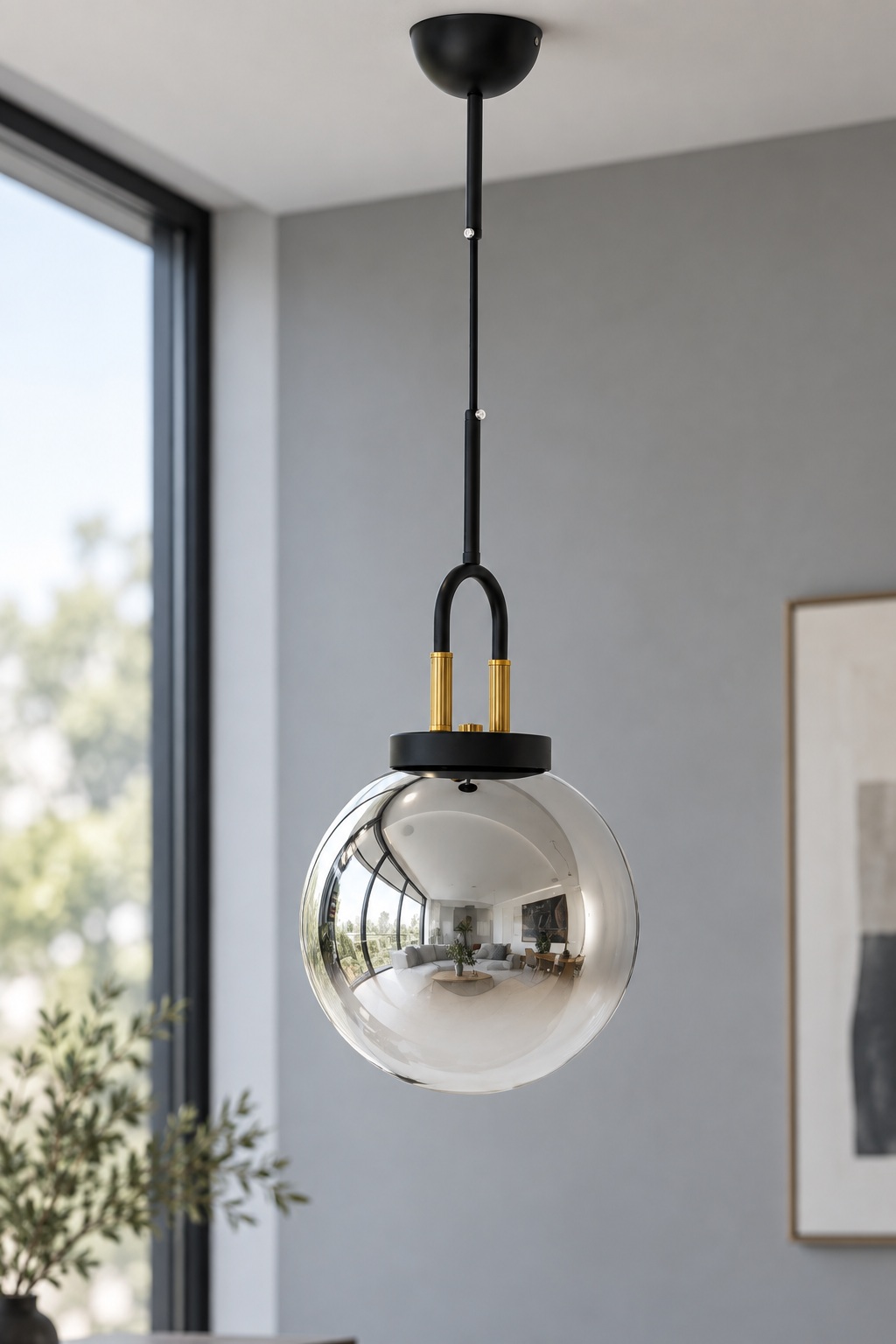 Suspension globe argenté effet miroir, noir et doré - vue 5