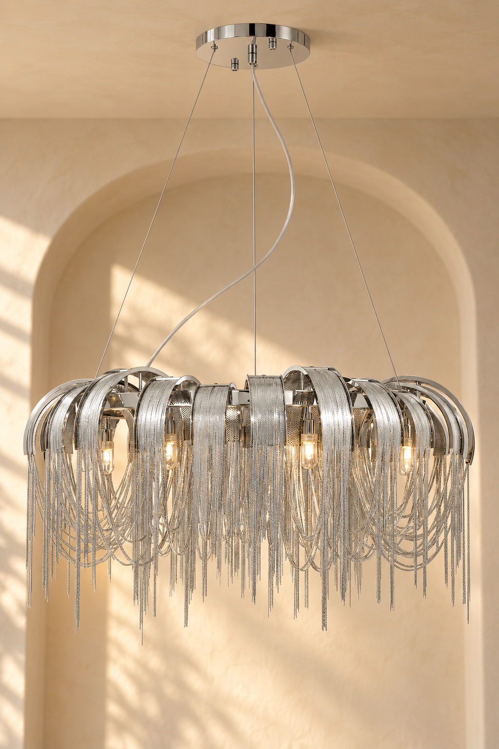 Lustre circulaire chromé à franges métalliques - vue 2