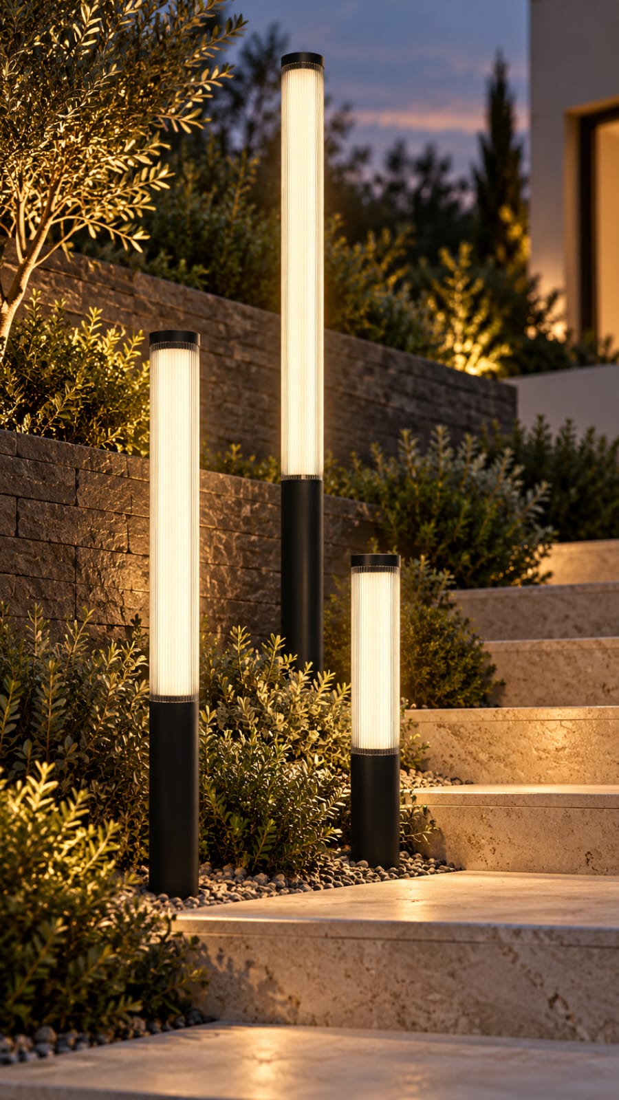 Borne lumineuse cylindrique à diffuseur strié — trois hauteurs - vue 3