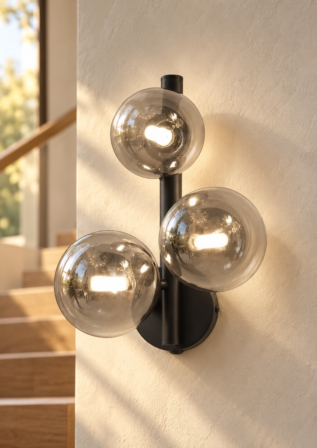 Applique murale noire à trois globes en verre fumé - vue 2