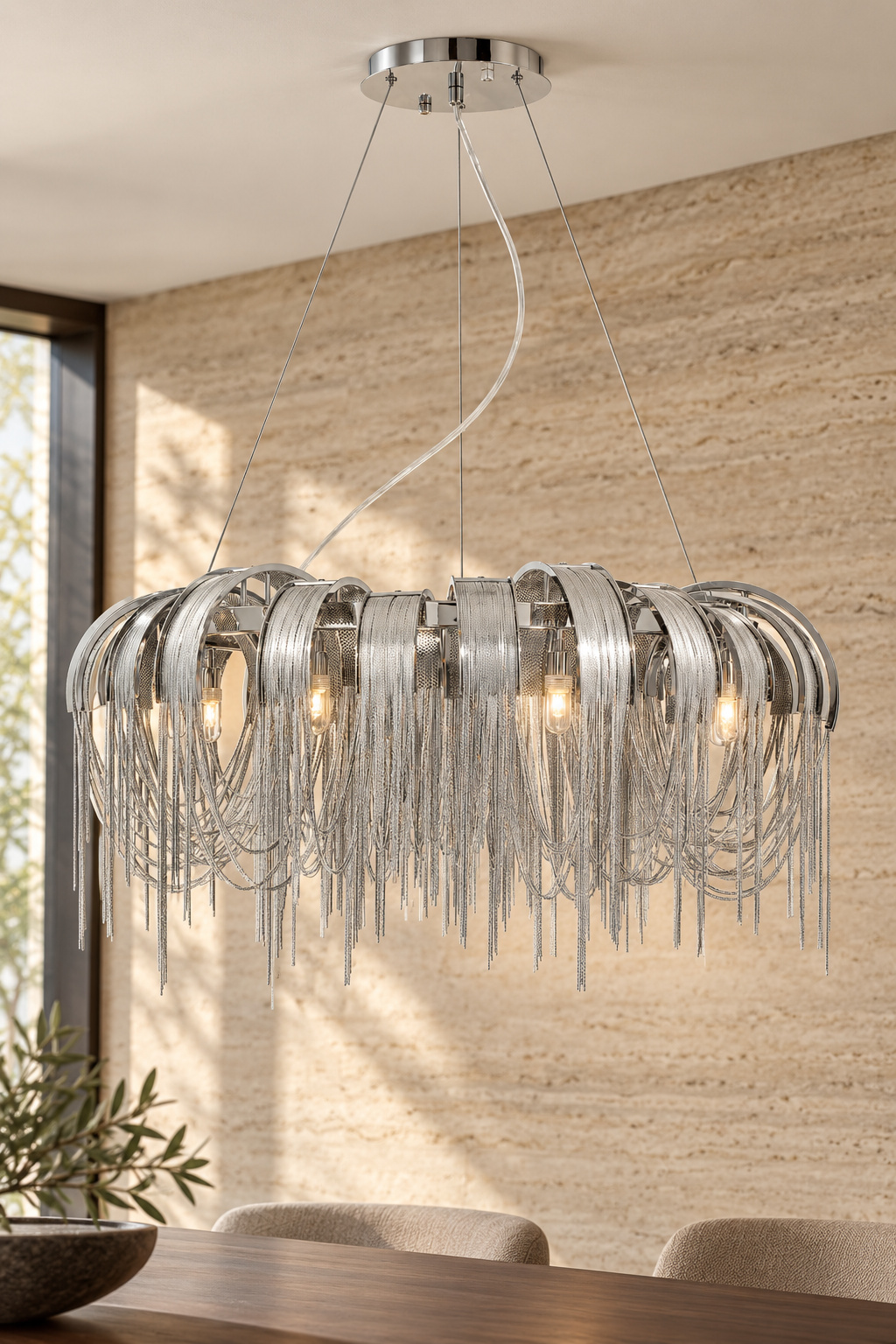 Lustre circulaire chromé à franges métalliques - vue 4