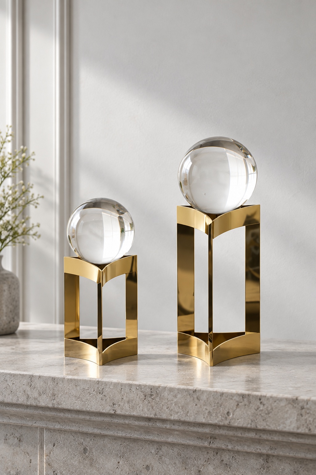 Duo de sphères décoratives sur socles dorés - vue 5