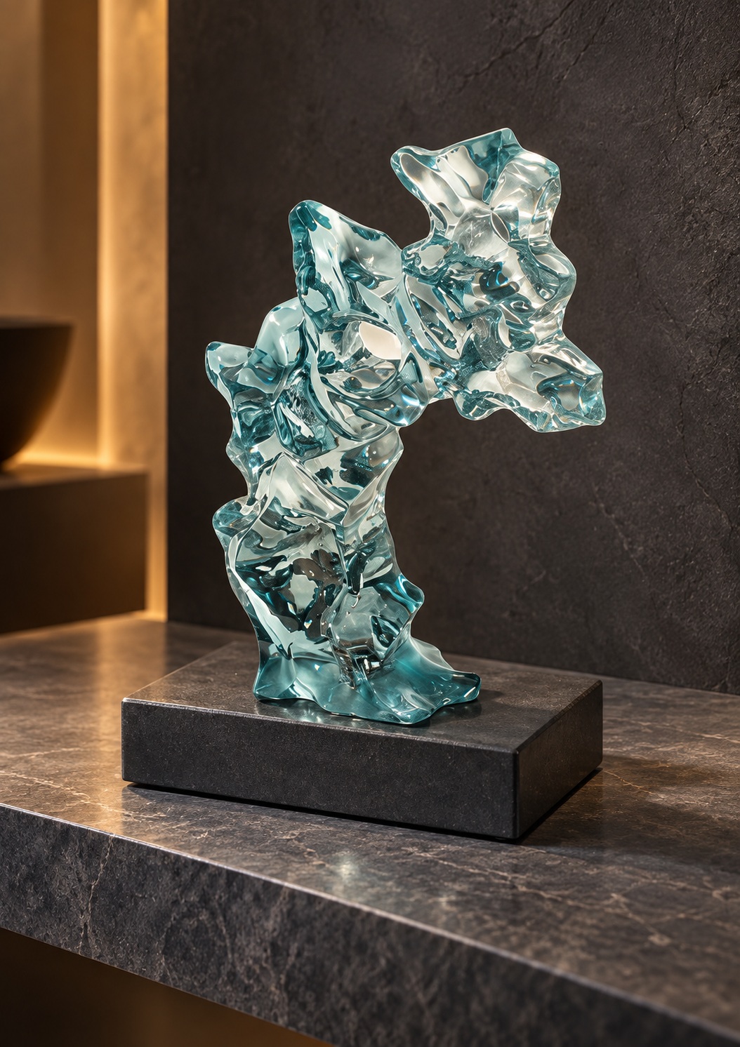 Sculpture abstraite aqua sur socle noir - vue 4