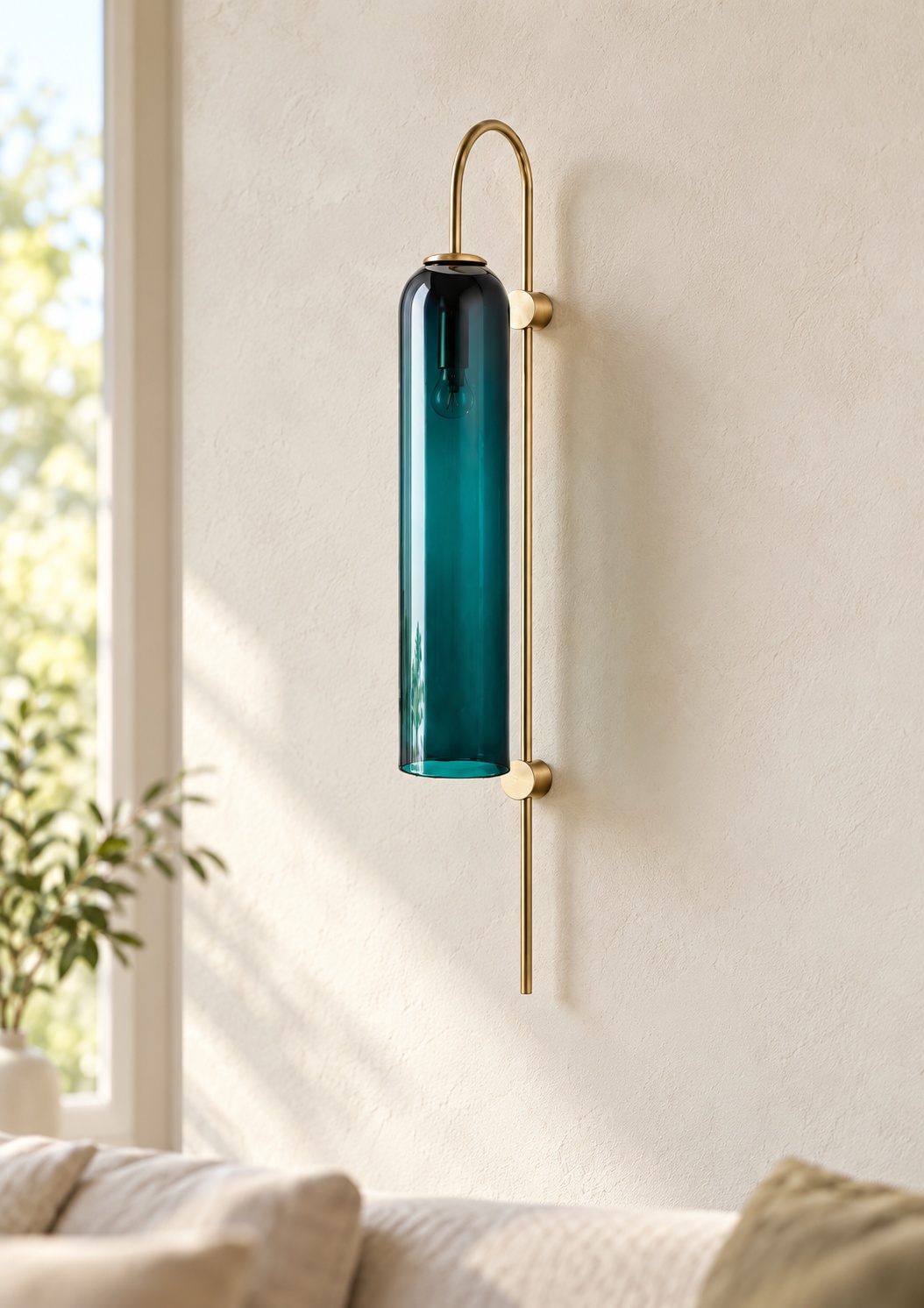 Applique murale dorée à cylindre en verre bleu-vert - vue 3