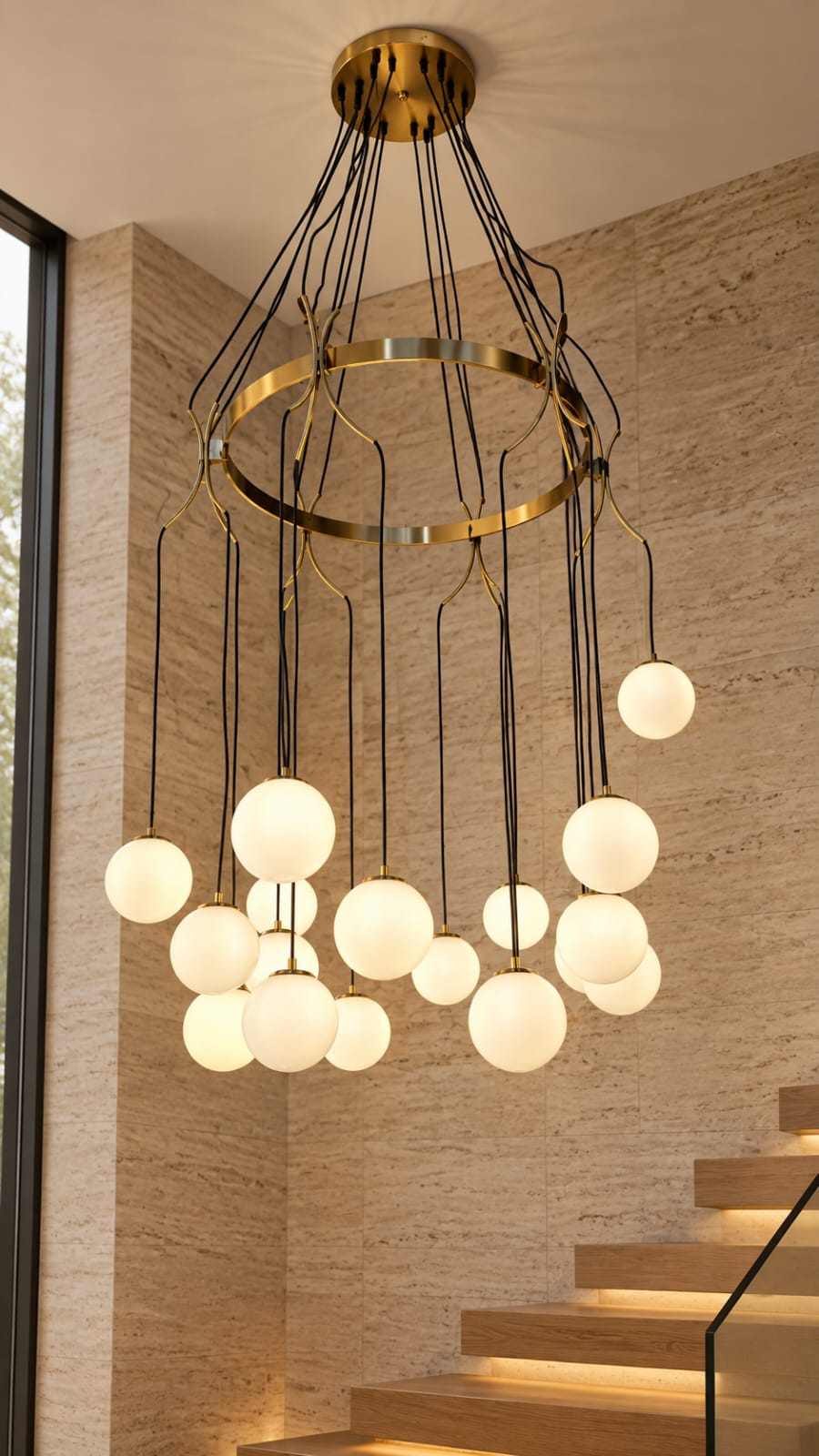 Lustre cascade à globes opalins, finition dorée - vue 4