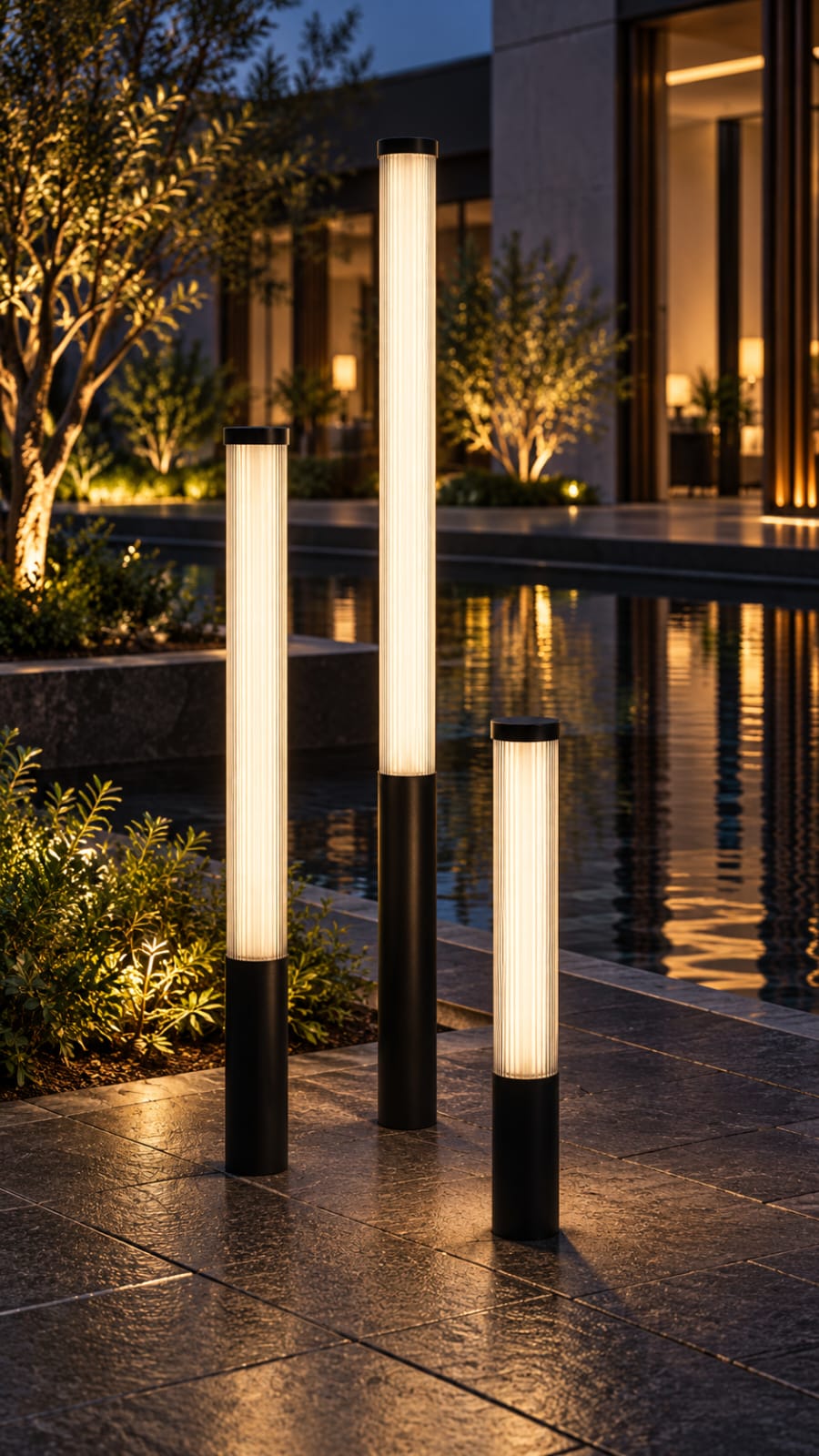Borne lumineuse cylindrique à diffuseur strié — trois hauteurs - vue 2