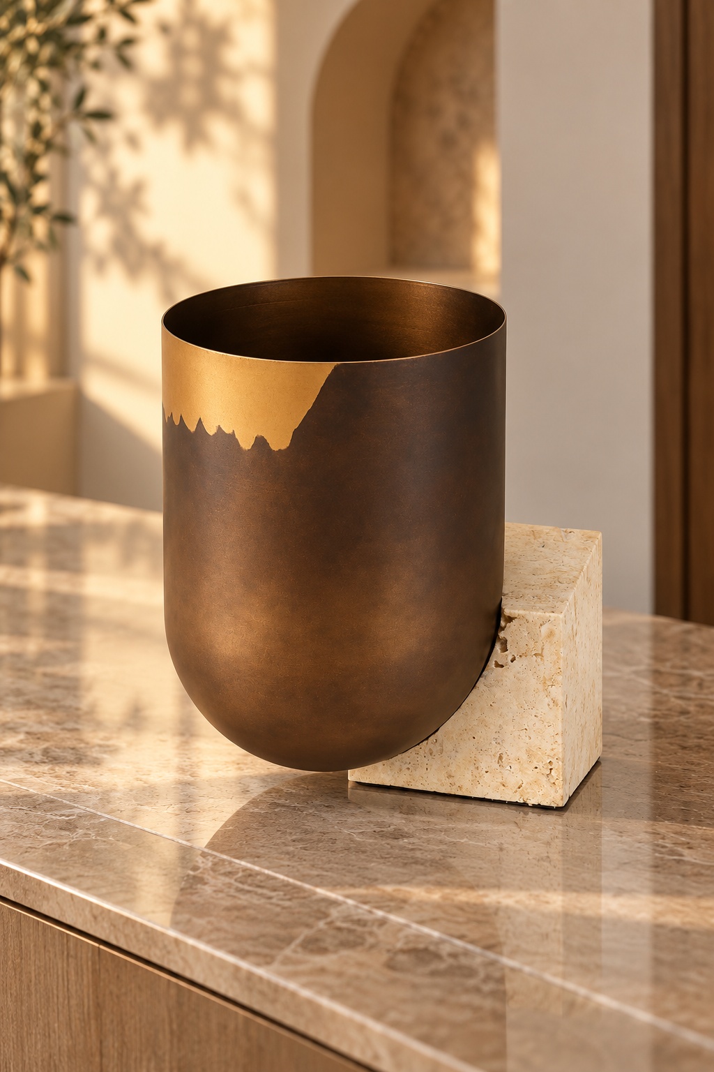 Vase décoratif bronze patiné sur socle en pierre claire - vue 2
