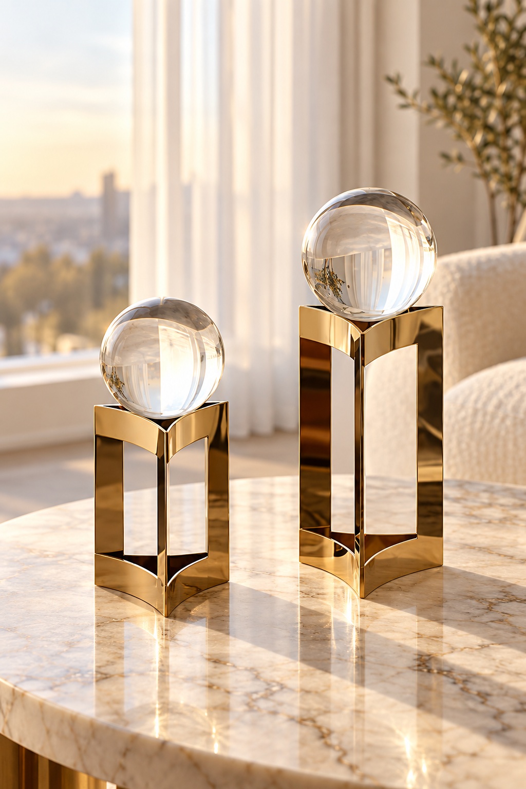 Duo de sphères décoratives sur socles dorés - vue 4
