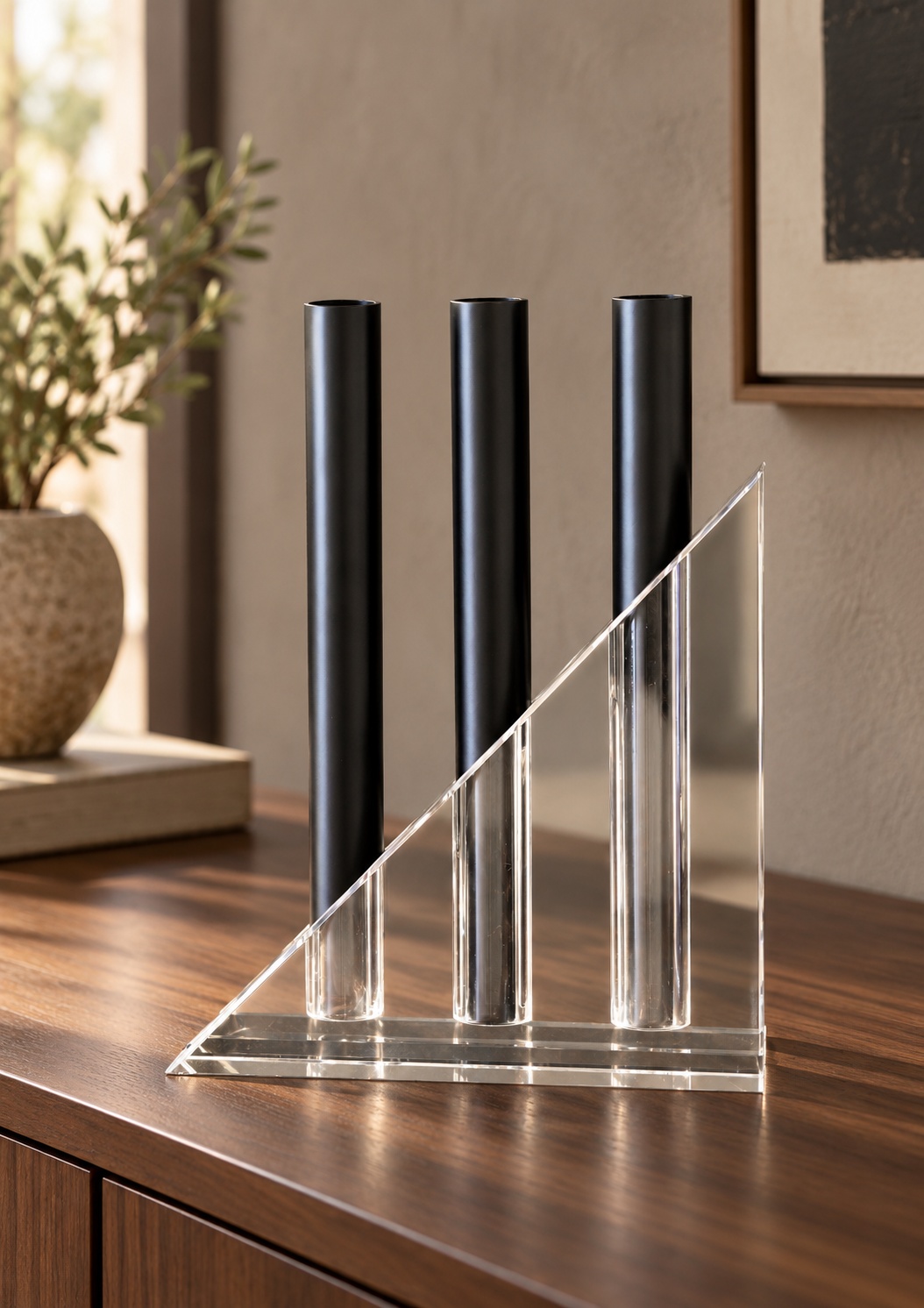 Objet décoratif à trois tubes noirs sur socle transparent - vue 3