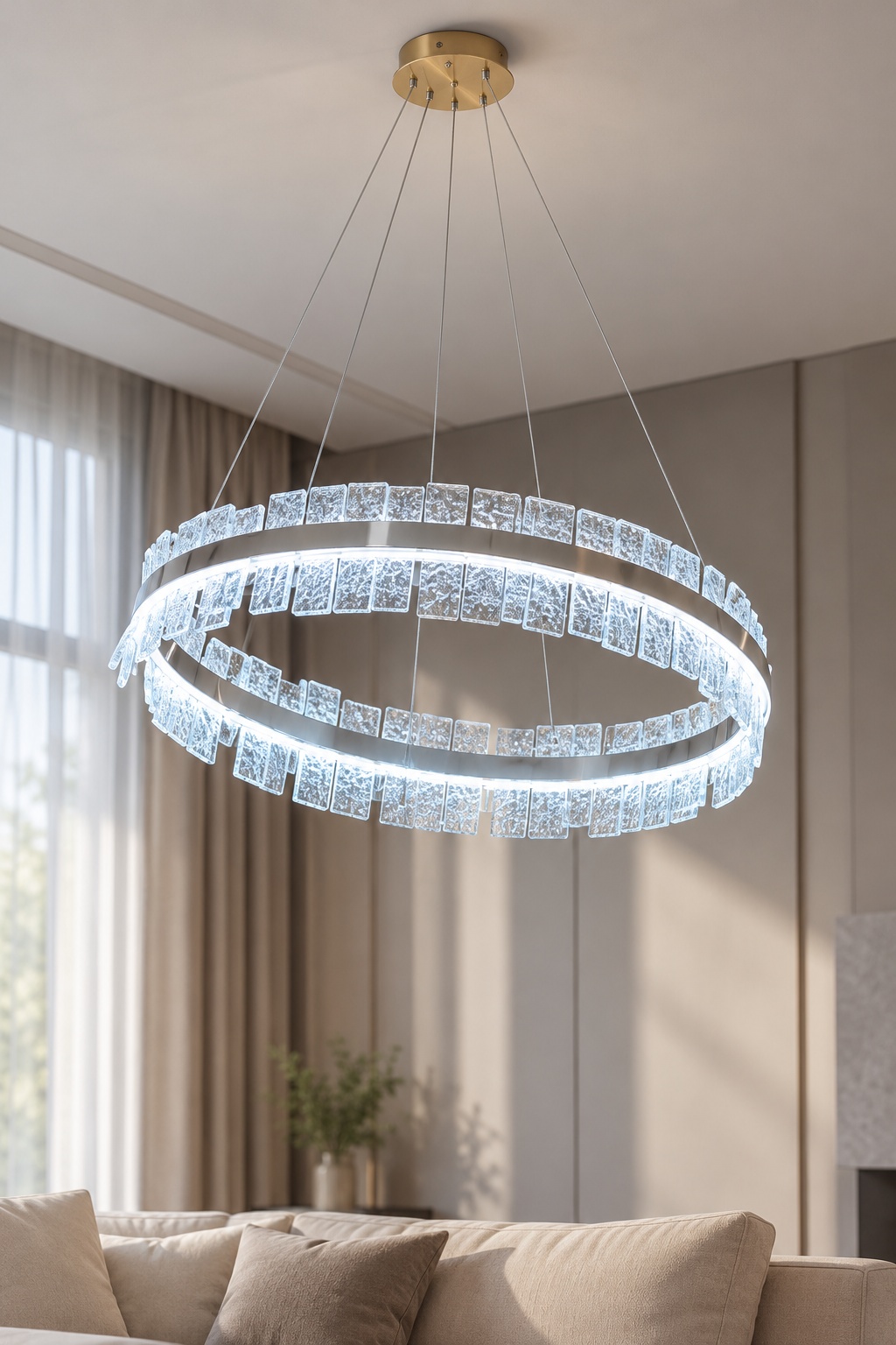 Lustre contemporain à double anneau lumineux - vue 4