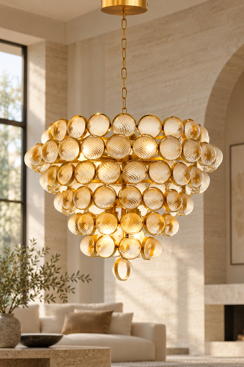 Lustre doré à médaillons en verre texturé - vue 3