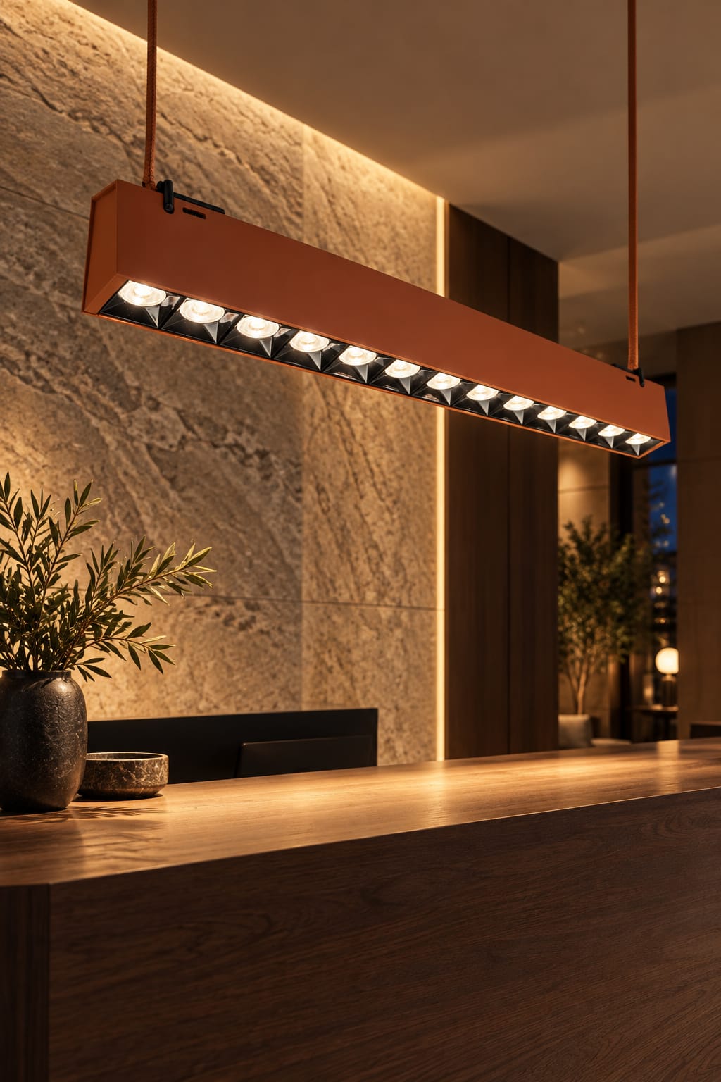 Suspension linéaire terracotta à optiques multiples - vue 2