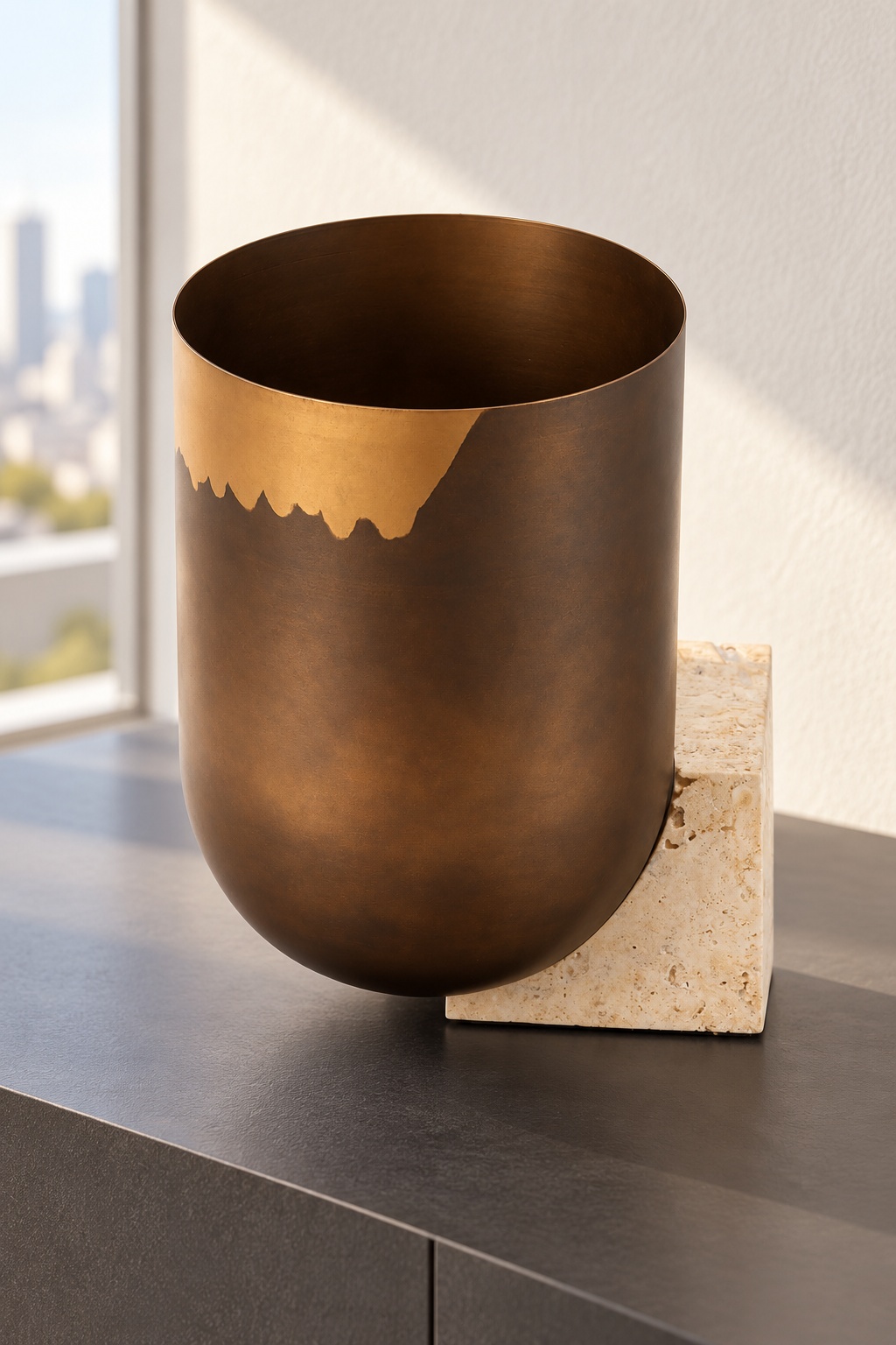 Vase décoratif bronze patiné sur socle en pierre claire - vue 3