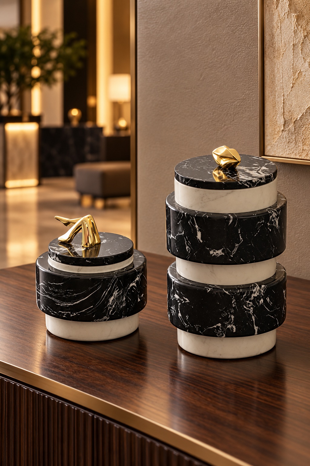 Pots décoratifs marbrés noir et ivoire à ornements dorés - vue 5