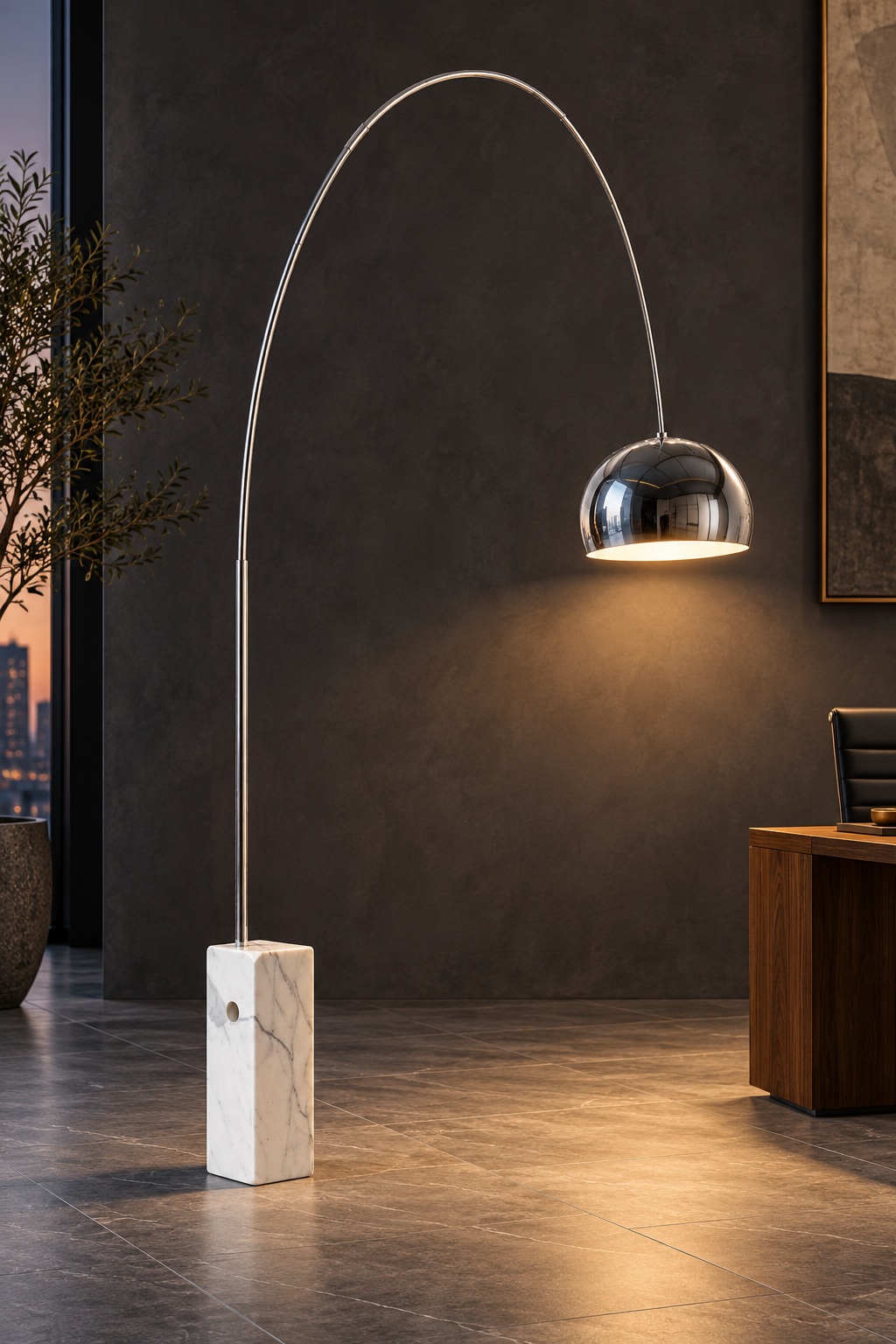 Lampadaire arqué chromé à socle blanc veiné - vue 4
