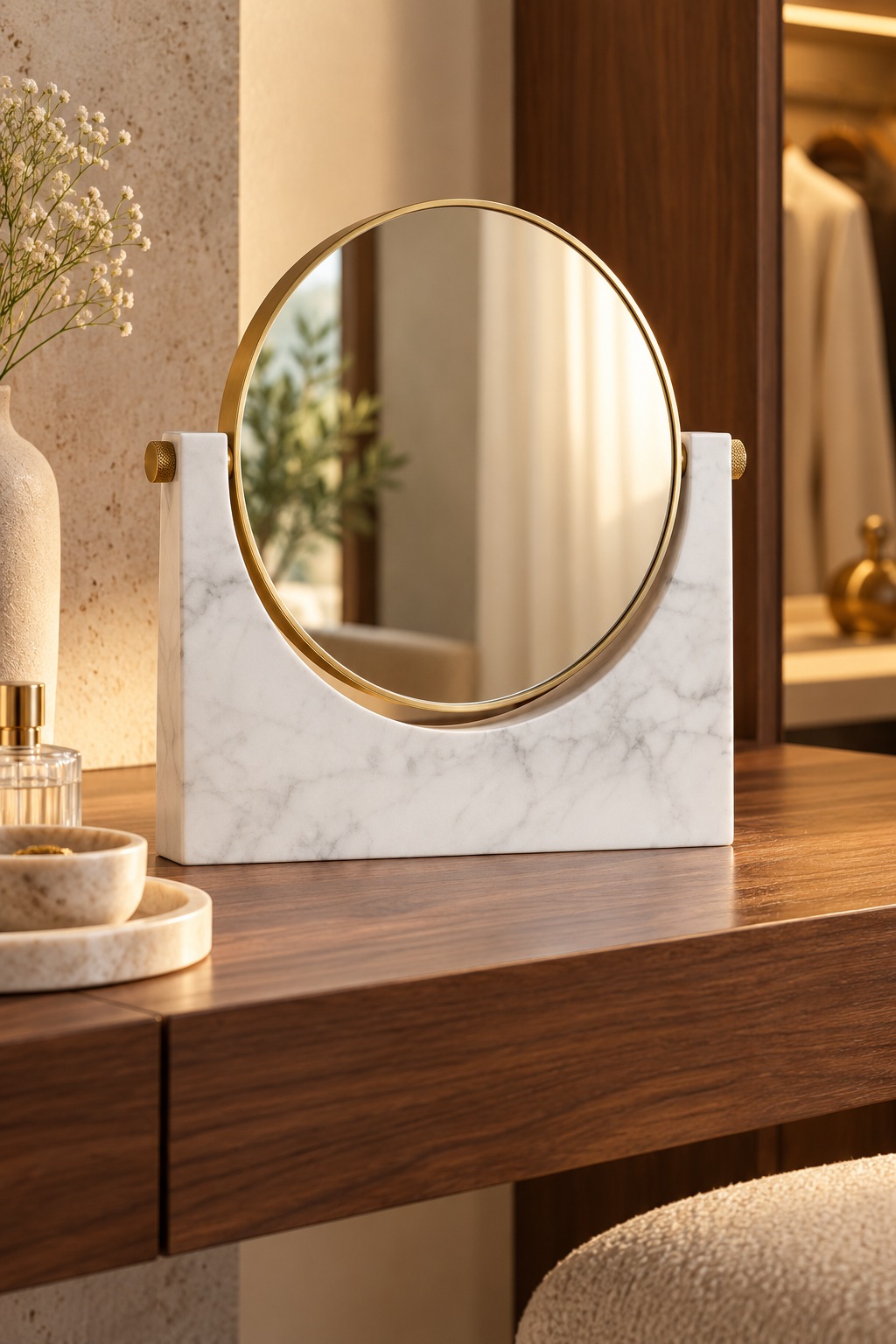 Miroir de table rond doré sur support effet marbre blanc - vue 3