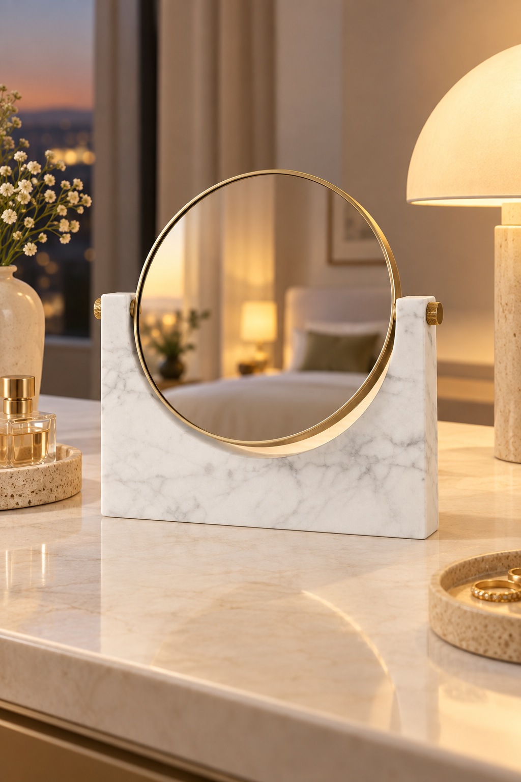 Miroir de table rond doré sur support effet marbre blanc - vue 2